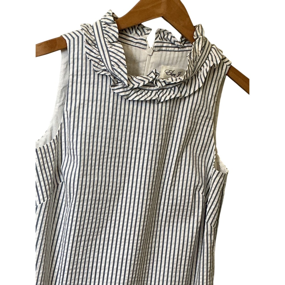 Eliza J Blue White Striped Ruffle Neck Sleeveless Shift Dress Womens 6 EJ0-5726 - Picture 4 of 11